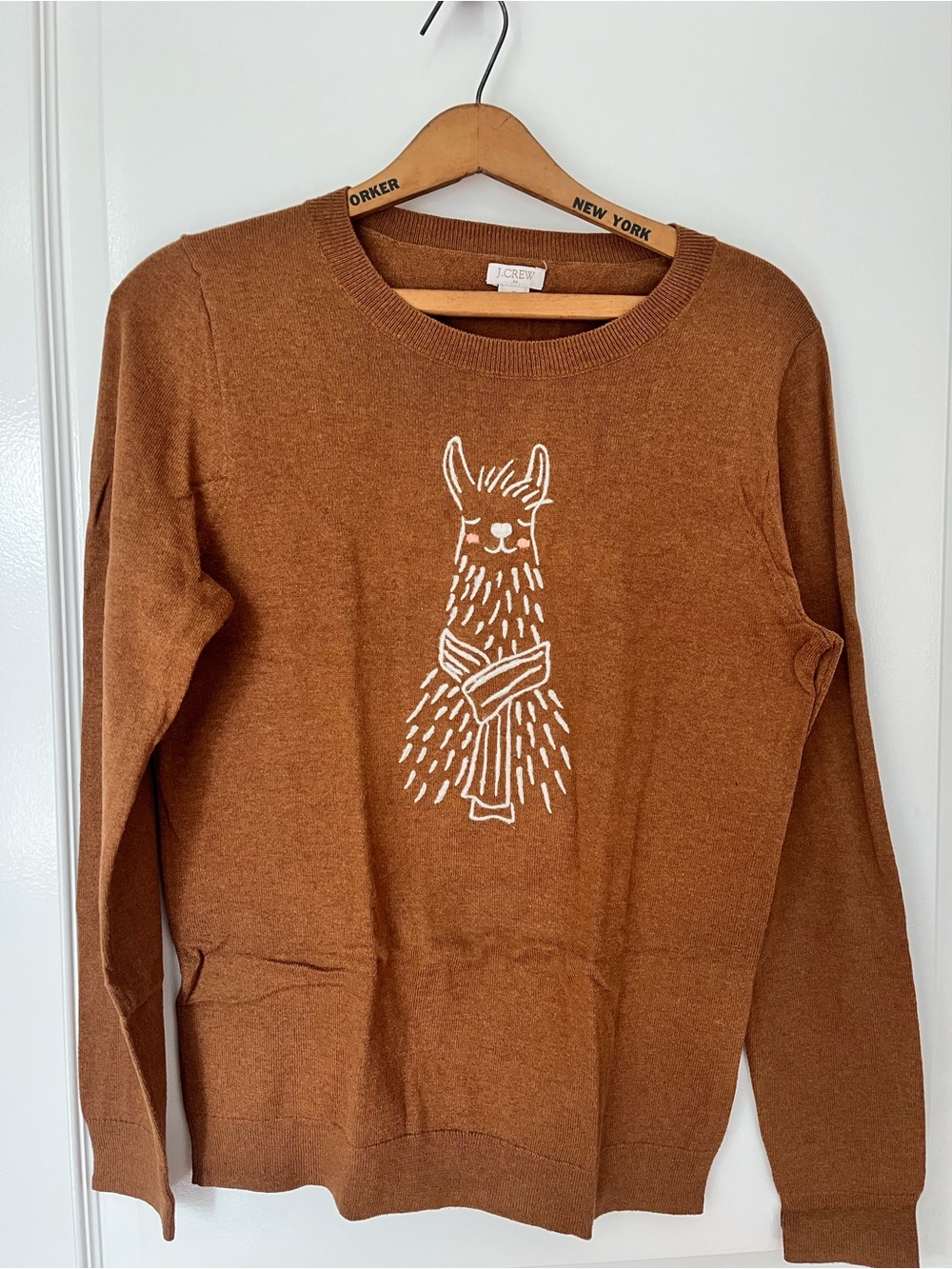 J. Crew Brown Crewneck Sweater with White Llama Graphic